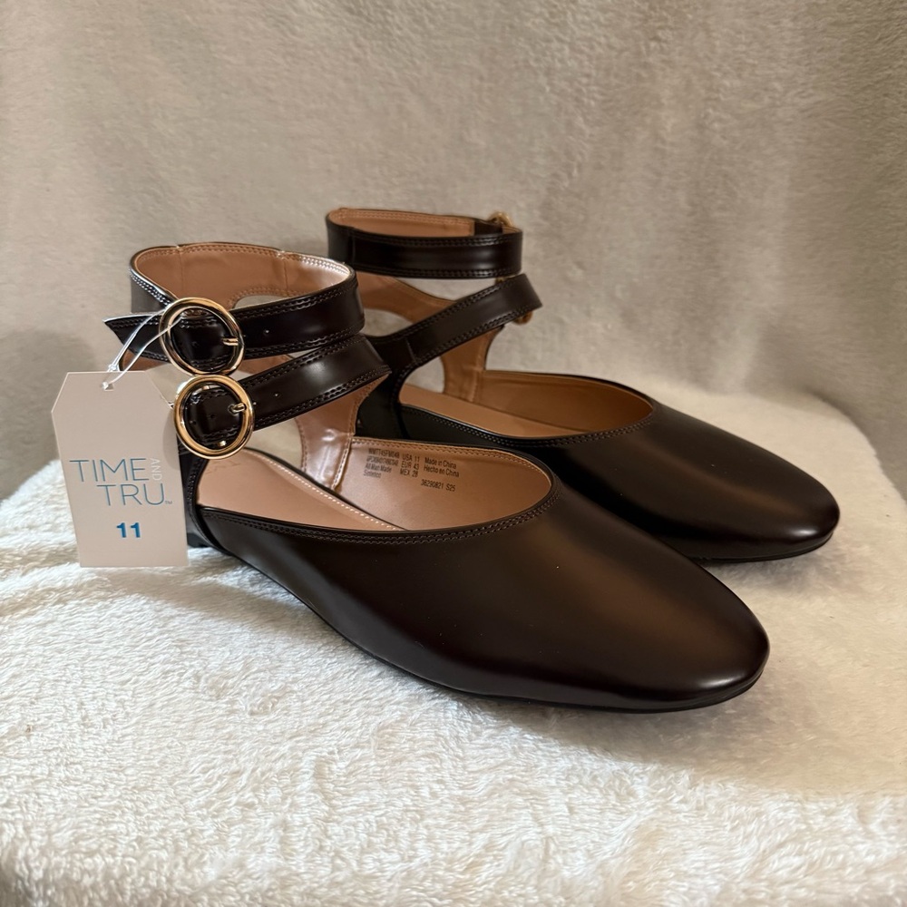 Time and Tru Women's Dark Brown Double Strap Flats 11 Mary Jane New